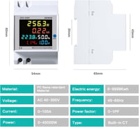 DEWIN Áramfogyasztásmérő Sínre Szerelhető LCD Kijelzős Egyfázisú Energiamérő 6in1 Áram Feszültség Teljesítmény kWh Mérő AC 40-300V 3