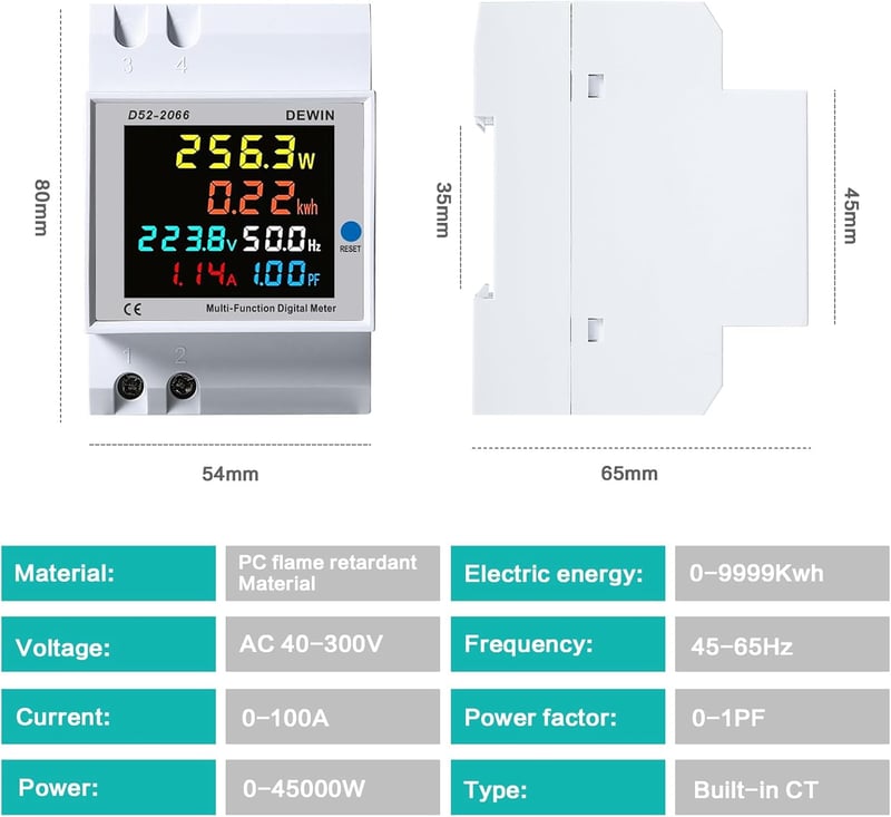 DEWIN Áramfogyasztásmérő Sínre Szerelhető LCD Kijelzős Egyfázisú Energiamérő 6in1 Áram Feszültség Teljesítmény kWh Mérő AC 40-300V