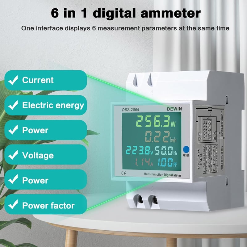DEWIN Áramfogyasztásmérő Sínre Szerelhető LCD Kijelzős Egyfázisú Energiamérő 6in1 Áram Feszültség Teljesítmény kWh Mérő AC 40-300V