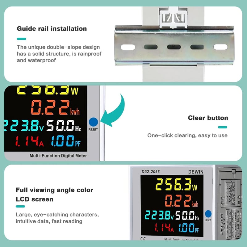 DEWIN Áramfogyasztásmérő Sínre Szerelhető LCD Kijelzős Egyfázisú Energiamérő 6in1 Áram Feszültség Teljesítmény kWh Mérő AC 40-300V