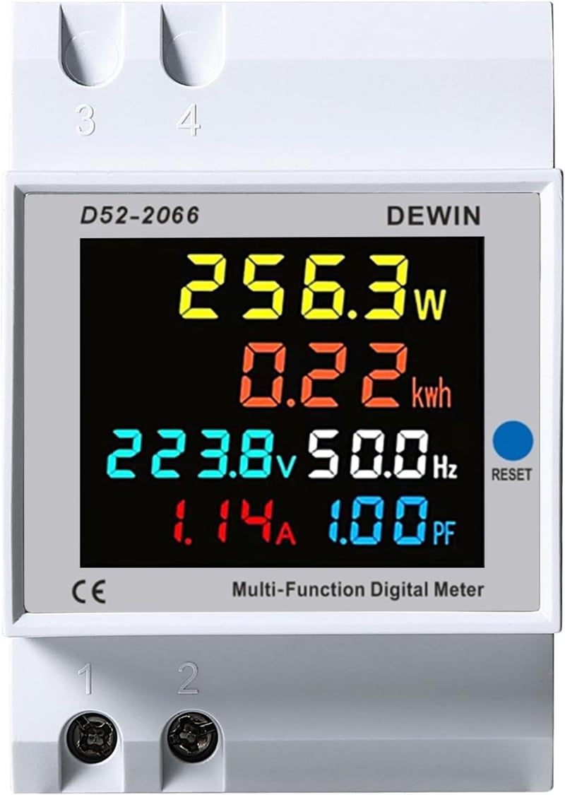 DEWIN Áramfogyasztásmérő Sínre Szerelhető LCD Kijelzős Egyfázisú Energiamérő 6in1 Áram Feszültség Teljesítmény kWh Mérő AC 40-300V