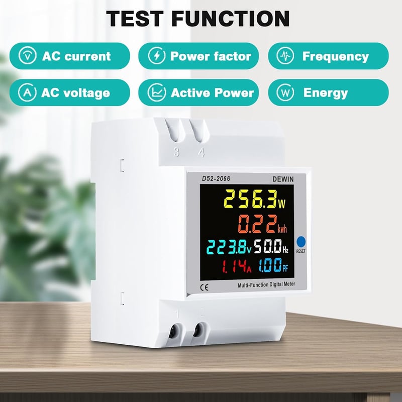 DEWIN Áramfogyasztásmérő Sínre Szerelhető LCD Kijelzős Egyfázisú Energiamérő 6in1 Áram Feszültség Teljesítmény kWh Mérő AC 40-300V