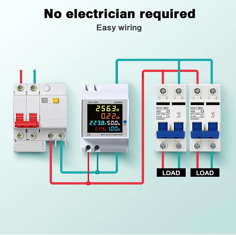DEWIN Áramfogyasztásmérő Sínre Szerelhető LCD Kijelzős Egyfázisú Energiamérő 6in1 Áram Feszültség Teljesítmény kWh Mérő AC 40-300V