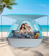 Dewur Pop Up Strand Sátor 3-4 Személyes, UPF 50+ UV Védelemmel, Vízálló Oxford Anyagból, Előtetővel, Kék - Kempingezéshez, Strandra, Kertbe 7