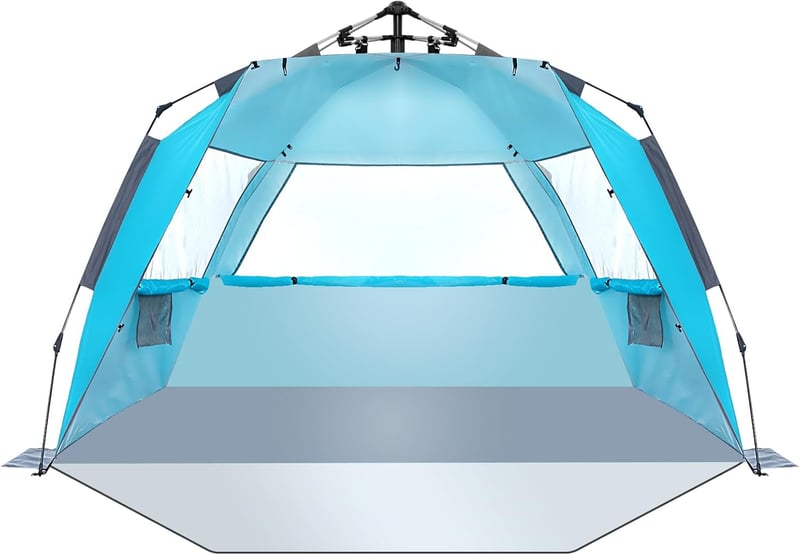 Dewur Pop Up Strand Sátor 3-4 Személyes, UPF 50+ UV Védelemmel, Vízálló Oxford Anyagból, Előtetővel, Kék - Kempingezéshez, Strandra, Kertbe