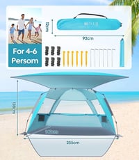 Dewur Pop Up Strand Sátor 3-4 Személyes, UPF 50+ UV Védelemmel, Vízálló Oxford Anyagból, Előtetővel, Kék - Kempingezéshez, Strandra, Kertbe 2