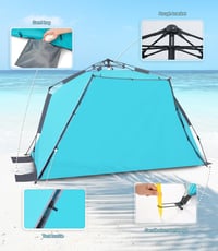 Dewur Pop Up Strand Sátor 3-4 Személyes, UPF 50+ UV Védelemmel, Vízálló Oxford Anyagból, Előtetővel, Kék - Kempingezéshez, Strandra, Kertbe 4