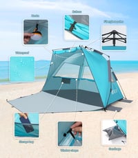 Dewur Pop Up Strand Sátor 3-4 Személyes, UPF 50+ UV Védelemmel, Vízálló Oxford Anyagból, Előtetővel, Kék - Kempingezéshez, Strandra, Kertbe 3
