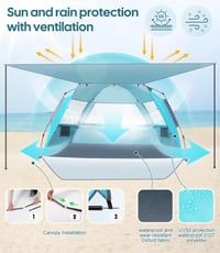 Dewur Pop Up Strand Sátor 3-4 Személyes, UPF 50+ UV Védelemmel, Vízálló Oxford Anyagból, Előtetővel, Kék - Kempingezéshez, Strandra, Kertbe 5