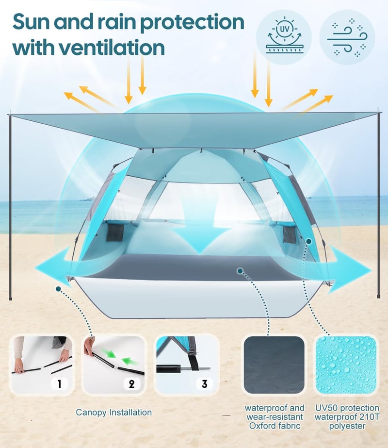 Dewur Pop Up Strand Sátor 3-4 Személyes, UPF 50+ UV Védelemmel, Vízálló Oxford Anyagból, Előtetővel, Kék - Kempingezéshez, Strandra, Kertbe