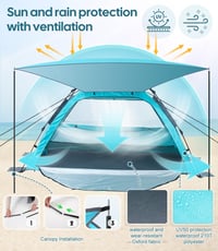 Dewur pop-up šator za plažu za 2-4 osobe, sjenilo, UV zaštita UPF 50+, vodootporan, plavi, za kampiranje, vrt i obitelji 3