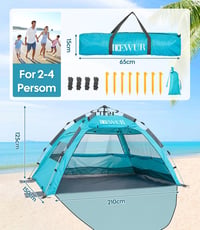 Dewur pop-up šator za plažu za 2-4 osobe, sjenilo, UV zaštita UPF 50+, vodootporan, plavi, za kampiranje, vrt i obitelji 2