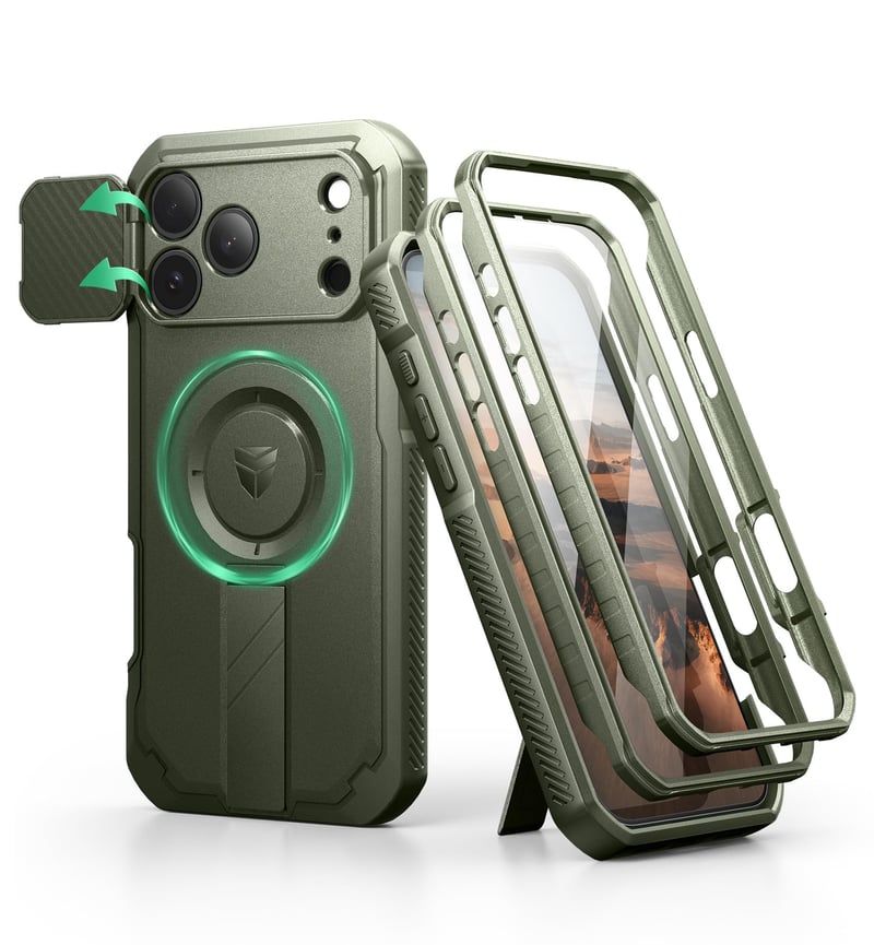 Husă Dexnor pentru iPhone 16 Plus cu protecție pentru lentila camerei, suport glisant și folie de protecție pentru ecran inclusă, husă de protecție magnetică rezistentă la șocuri (Heavy Duty) - Verde Militar