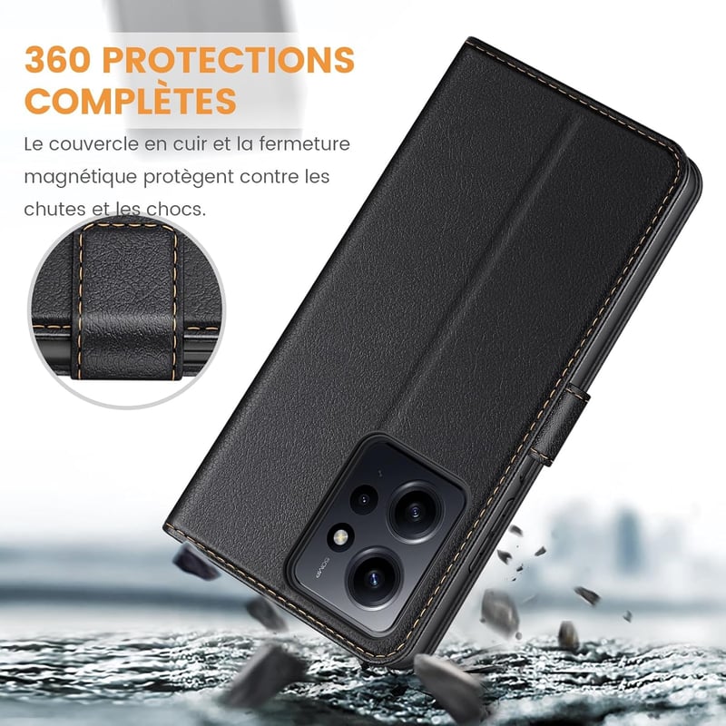 Xiaomi Redmi Note 12 4G Prémium Bőr Flip Tok - Kártyatartós, Mágneses, Állványos (Fekete)