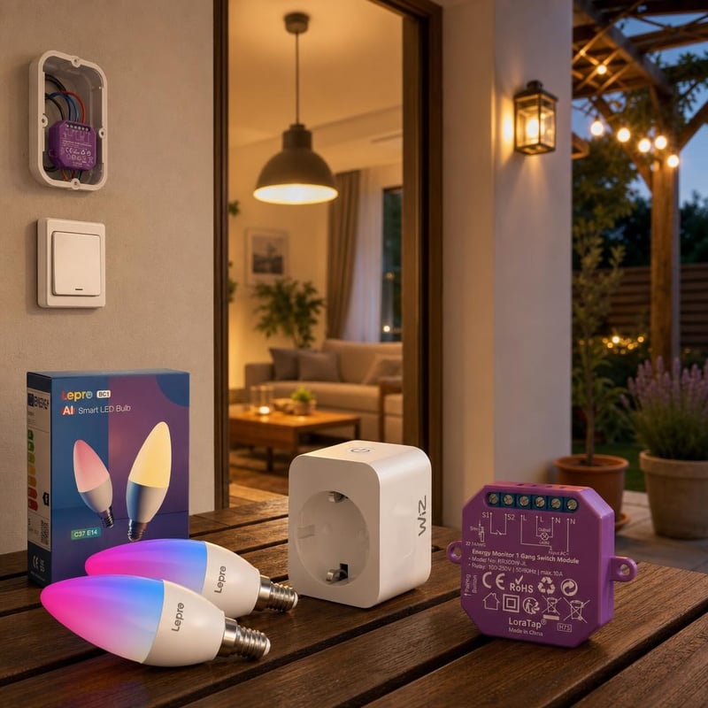 Smart štartovací balík: 1x E14 RGB žiarovka + 1x smart zásuvka + 1x relé s meraním spotreby