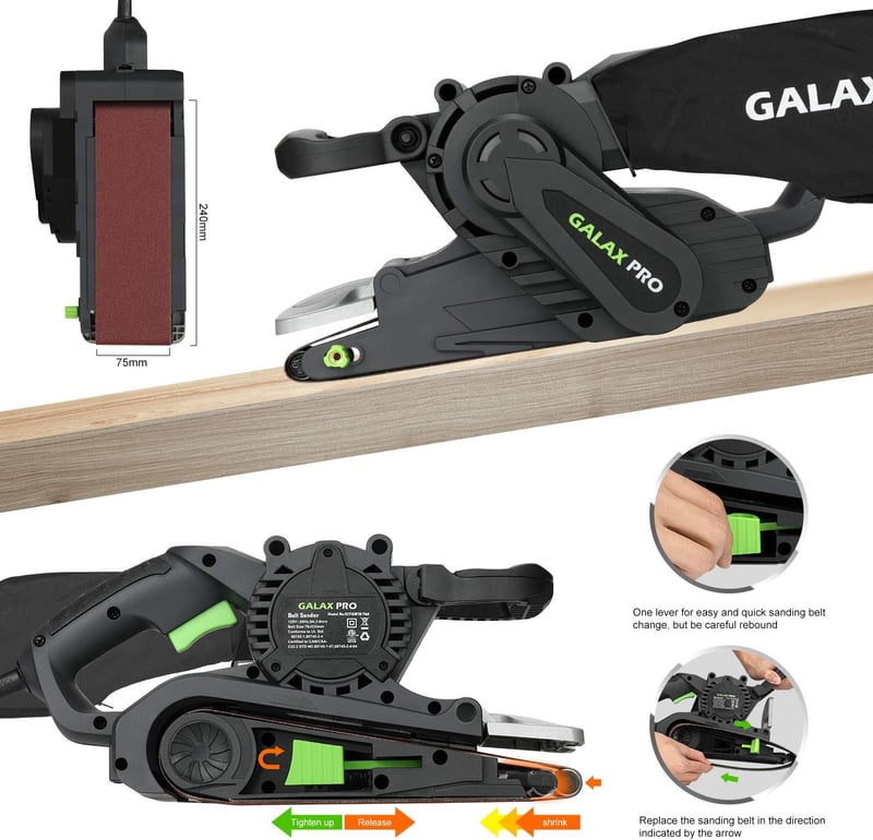 GALAX PRO S1T-SW19-76A Szalagcsiszoló 1010W, 6 Sebességfokozattal, Porszívó Csatlakozással, 533x76mm Csiszolófelülettel, Porzsákkal, Faanyag