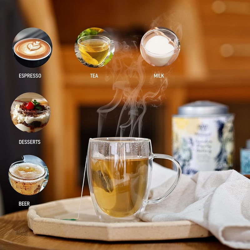JNSMFC Dupla falú üveg kávéspohár szett 4 db, 350 ml, hőszigetelt, kanállal