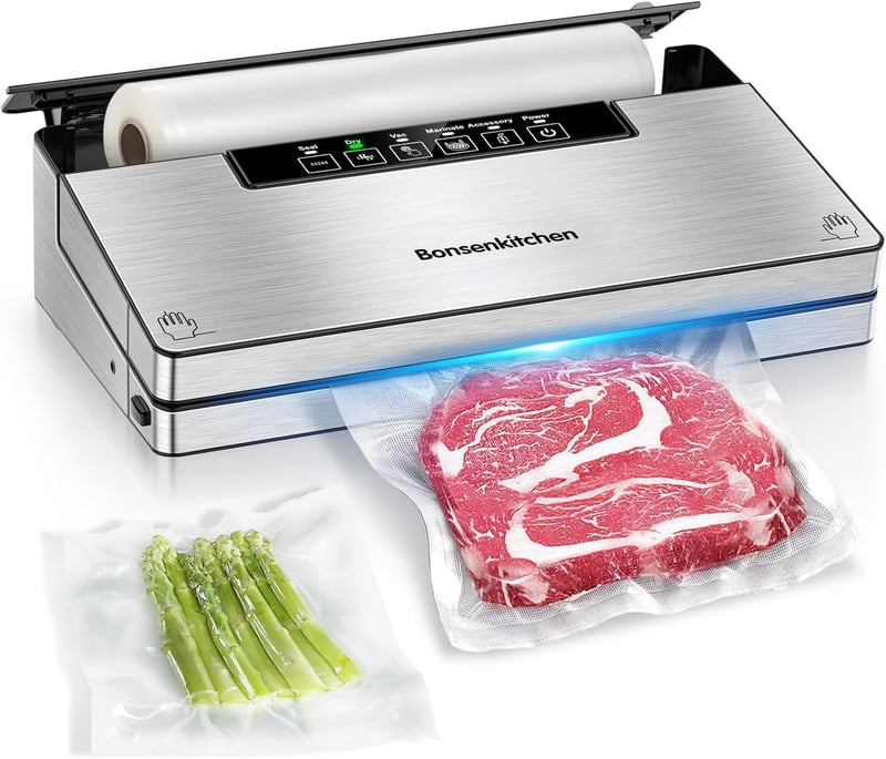 Bonsenkitchen VS3000 Vákuumfóliázó 5 Üzemmóddal - Beépített Vágóval, 130W Nagy Teljesítmény, Folyamatos Működés, 10 Zacskóval és 1 Tekerccse