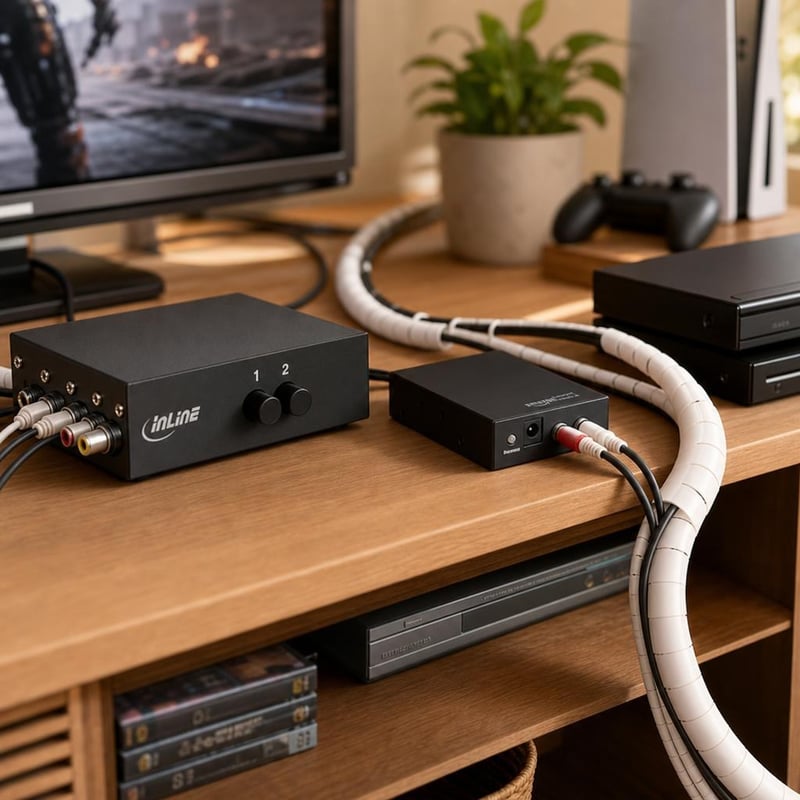DVD-konzol átjáró: 2 portos RCA kapcsoló + HDMI hangkinyerő + spirál kábelrendező