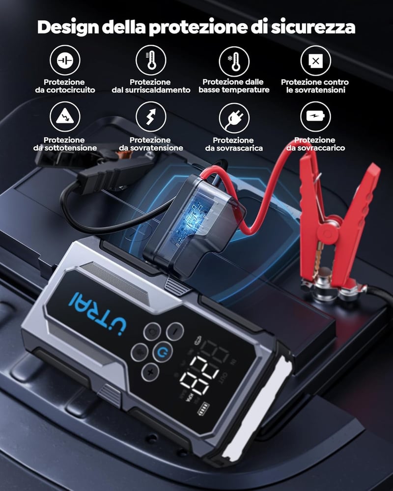 UTRAI 4000A Autós Bikázó Készülék 150PSI Kompresszorral - Gyorstöltés 3.0, 8.5L Benzin/6.5L Dízel Járművekhez, Beépített LED Lámpával
