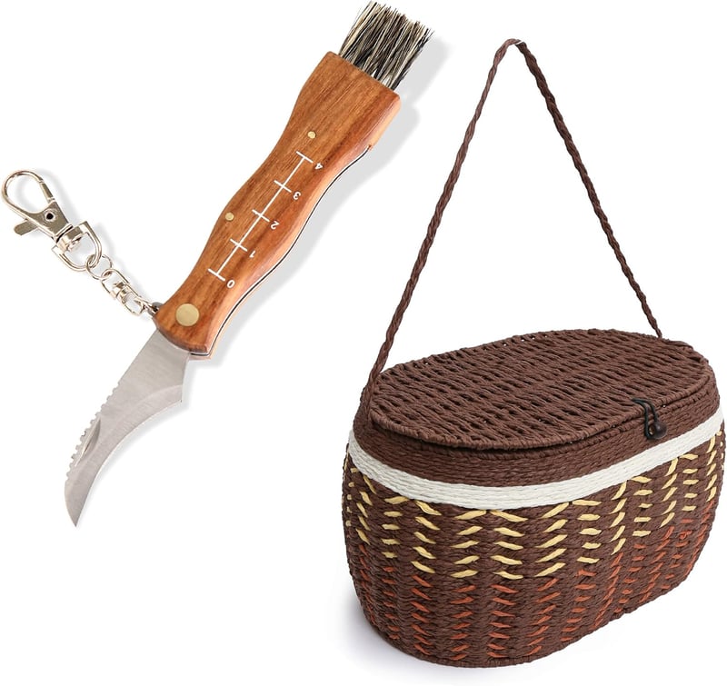 Flanacom 2 részes gombászó készlet: összecsukható rozsdamentes acél kés kefével és mérővel + gyűjtőkosár