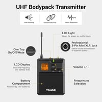 TONOR UHF TW822 Vezeték Nélküli Mikrofonszett Fejpántos és Csíptetős Mikrofonnal, 10 Frekvencia, 60m Hatótáv, Énekléshez, Karaokéhoz - 2 body pack 4