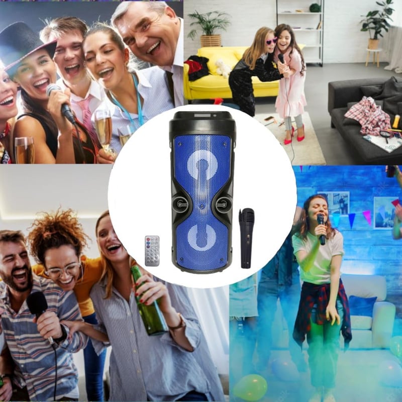JBL Karaoke Bluetooth hangszóró LED fényekkel, FM rádióval, kék