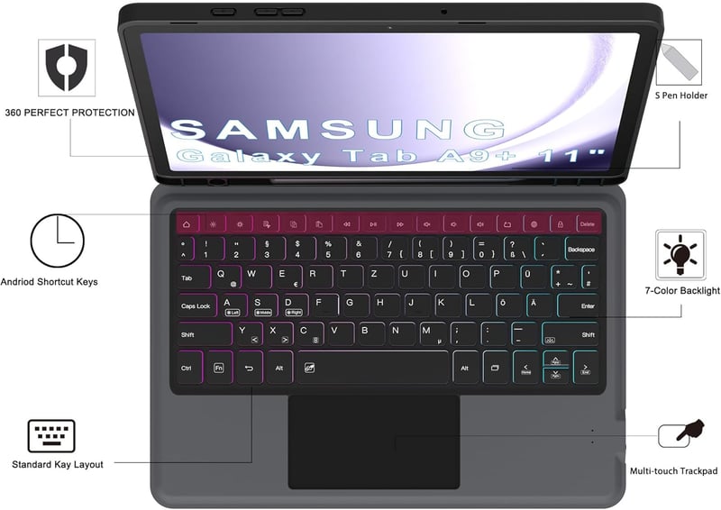 Samsung Galaxy Tab A9+ tok QWERTZ billentyűzettel - 7 színű háttérvilágítás, trackpad, állvány (11")