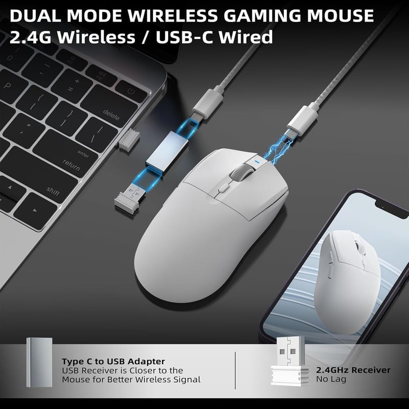 AJ139 G PRO Fehér Vezeték Nélküli Gamer Egér, 59g, 26K DPI, 7 Programozható Gomb