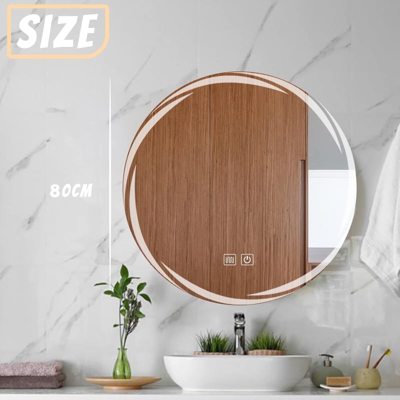 YOSHOOT 80 cm Kerek Fürdőszobai Tükör LED Világítással, Páramentesítő, Érintőgombos, Fényerőszabályozható, 3 Színhőmérséklet, IP44 Védettség