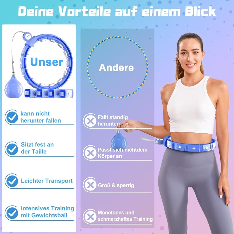 Cozylady Okos Súlyozott Hula Hoops Felnőtteknek - Fogyást Segítő Infinity Karika Súlygolyóval, Csendes Fitness Abroncs, 124 cm, Kék