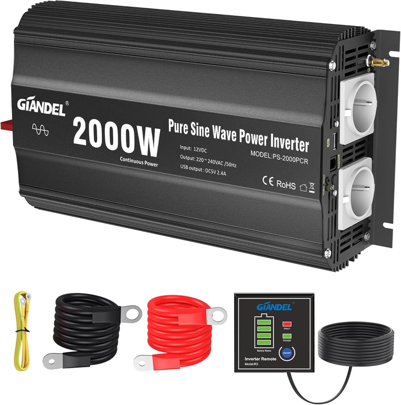 GIANDEL 2000W tiszta szinuszos inverter – 12V–230V feszültségátalakító autóba, lakóautóba és teherautóba, távirányítóval és USB csatlakozóval