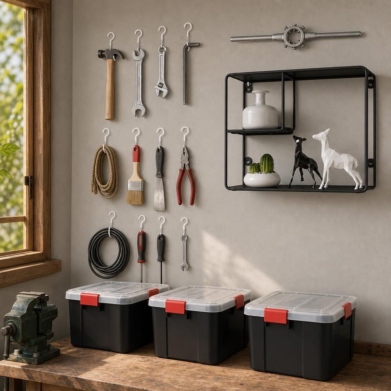 Set Organizare Garaj: 12 cârlige + suport tarozi + raft 3 niveluri + 3 cutii depozitare etanșe
