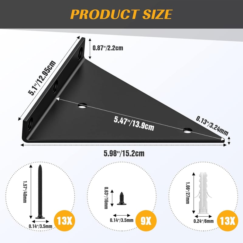 Housolution Fekete Polctartó Konzol - 4db Háromszög Alakú Rejtett Fali Tartó, 45kg Teherbírás, 15cm-es Erős Fém Polckonzol Csavarokkal