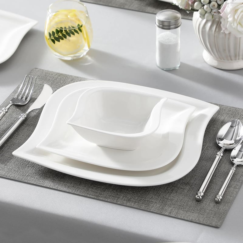 MALACASA Elvira 18 részes modern porcelán étkészlet 6 személyre - krémfehér tányérkészlet főétkezéshez, desszerthez és müzlihez, mosogatógép