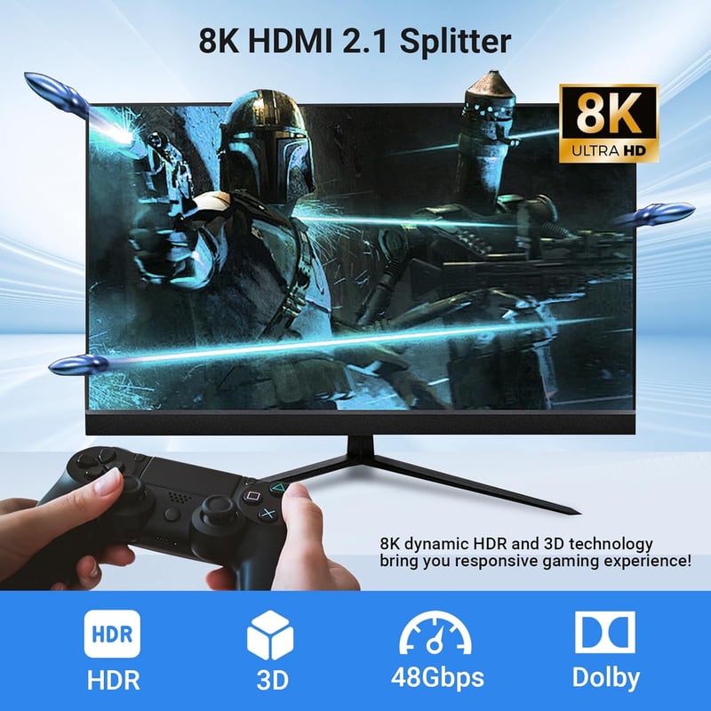 DGODRT HDMI Elosztó 1x4 4K 120Hz 8K 60Hz HDMI 2.1 Audió Videó Splitter