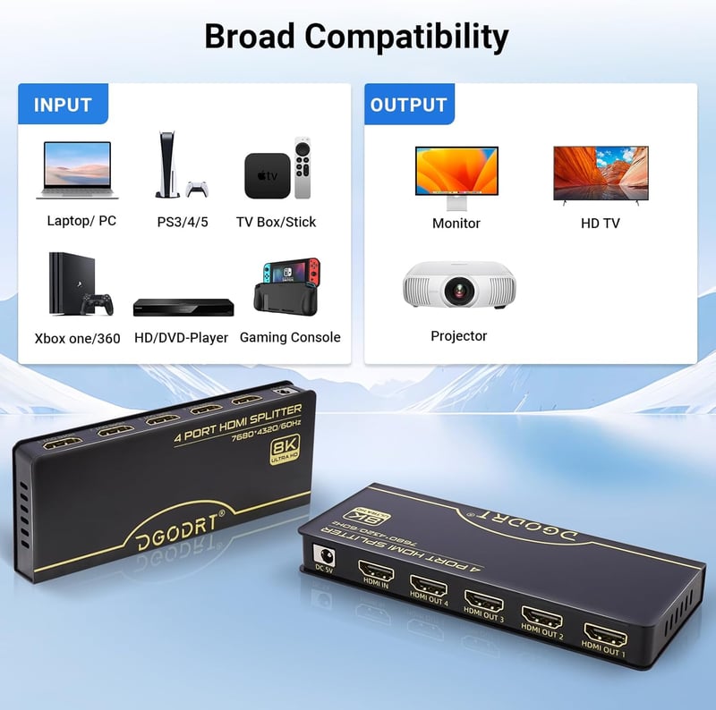 DGODRT HDMI Elosztó 1x4 4K 120Hz 8K 60Hz HDMI 2.1 Audió Videó Splitter
