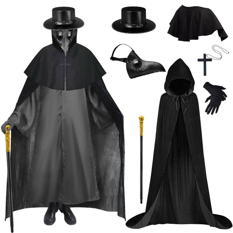 Costum de Doctor de Ciumă Dhnvcud, mărimea L - Mască, pălărie Steampunk, pelerină cu glugă, baston - Costum de carnaval pentru cosplay de Halloween