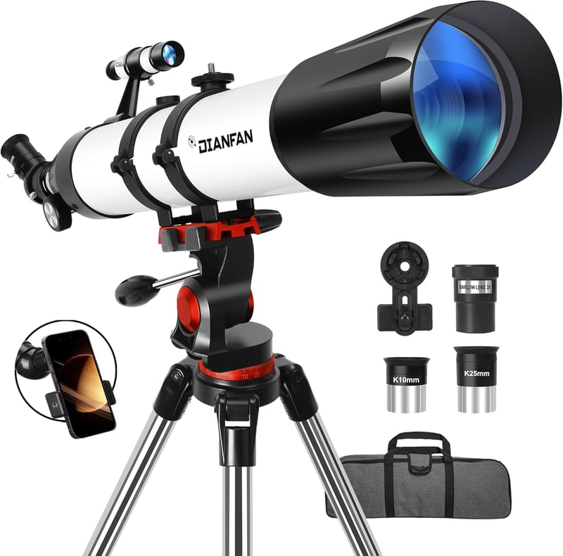 Dianfan 90mm Refraktor Teleszkóp 800mm Fókusztávolsággal, 32x-240x Nagyítás, Telefon Adapter és Állvánnyal