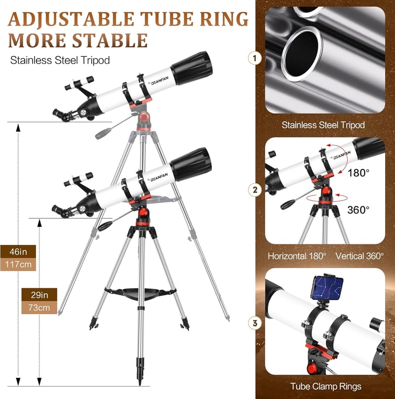 Dianfan 90mm Refraktor Teleszkóp 800mm Fókusztávolsággal, 32x-240x Nagyítás, Telefon Adapter és Állvánnyal