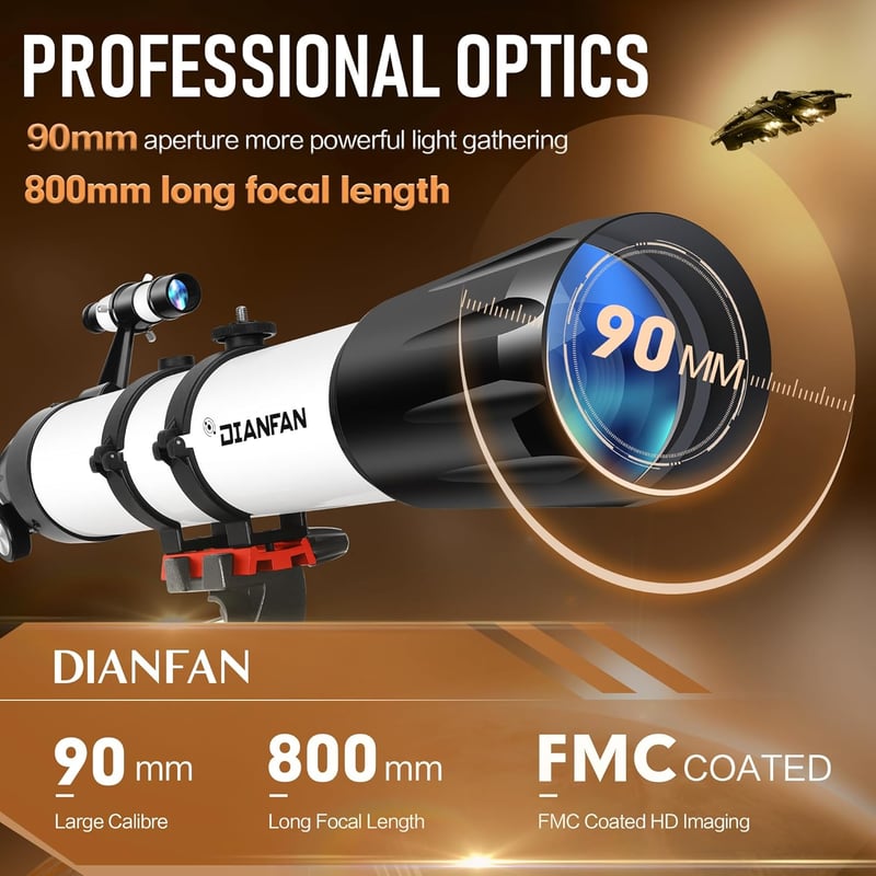 Dianfan 90mm Refraktor Teleszkóp 800mm Fókusztávolsággal, 32x-240x Nagyítás, Telefon Adapter és Állvánnyal