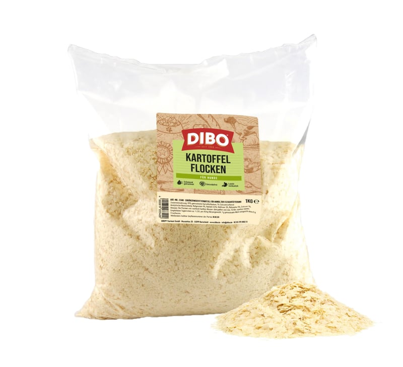 Fulgi de cartofi DIBO pentru câini – pungă de 1 kg, supliment alimentar natural, pentru alimentație BARF, hrană sănătoasă pentru câini