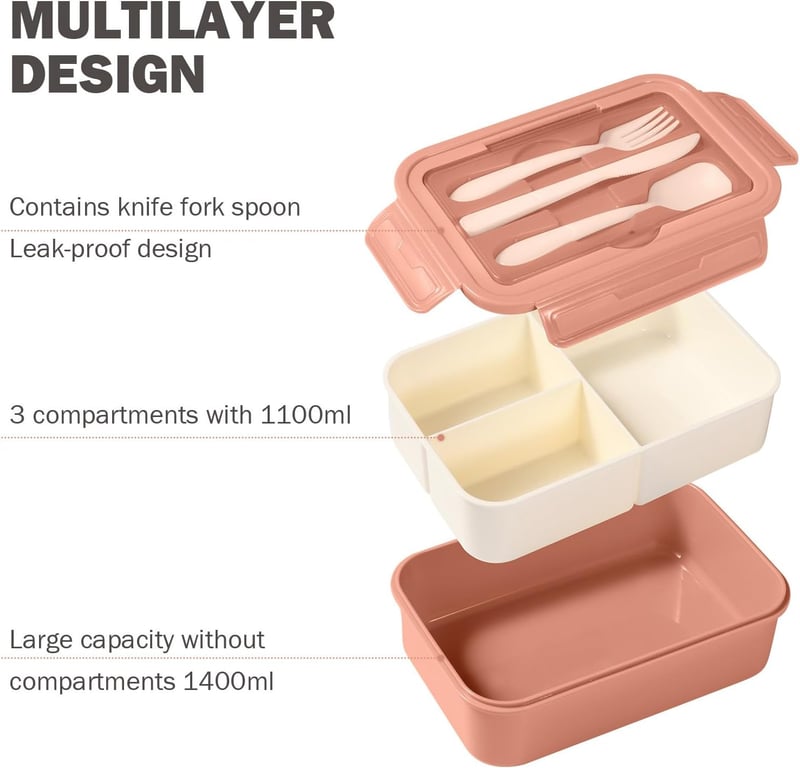 Diboniur Bento Box 1400ml Compartmentes Ételhordó Rózsaszín Mikrózható Gyerekeknek Felnőtteknek