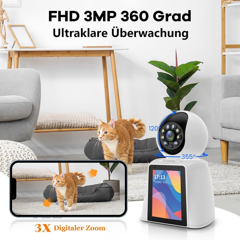 DIDseth 2K 3MP WiFi Beltéri Biztonsági Kamera 2,8" Kijelzővel - 360° Megfigyelés, Kétirányú Videóhívás, Mozgásérzékelés, Kisállat Kamera, Ok