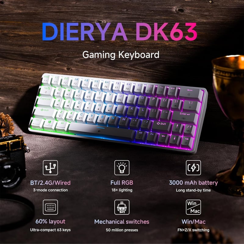 Dierya DK63 Vezeték Nélküli Mechanikus Gamer Billentyűzet, 60% Kompakt, RGB Háttérvilágítás, Bluetooth/2.4G/USB-C, Lineáris Piros Kapcsoló, 