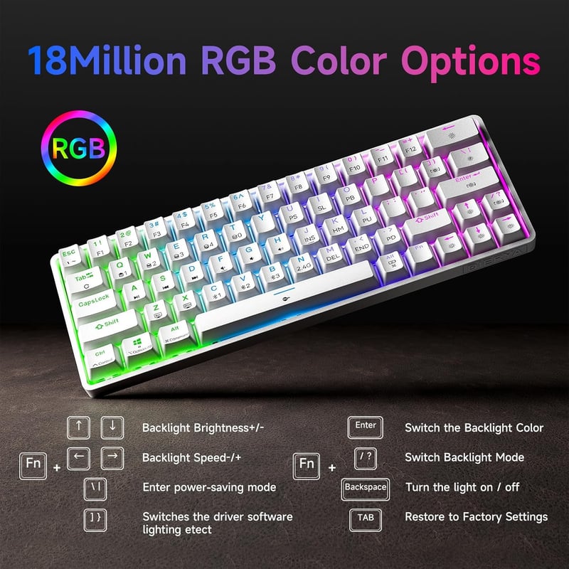 Dierya DK63 Vezeték Nélküli Mechanikus Gamer Billentyűzet, 60% Kompakt, RGB Háttérvilágítás, Bluetooth/2.4G/USB-C, Lineáris Piros Kapcsoló, 
