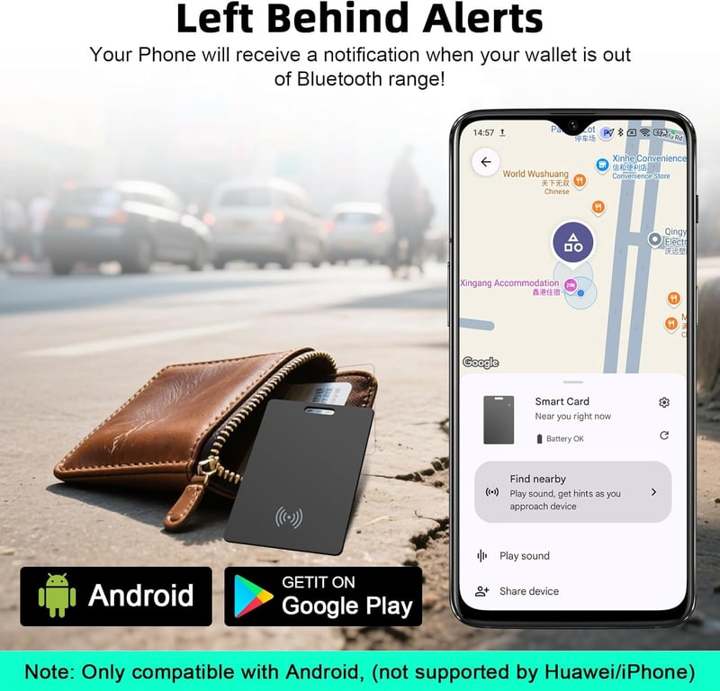 DIFCUL Slim Wallet Tracker Card Android, Vezeték nélküli Újratölthető Nyomkövető Kártya Google Find My Device-hez