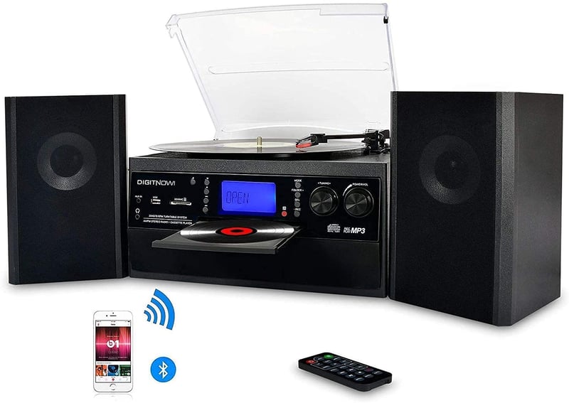 Gramofón DIGITNOW s Bluetooth, vstavanými reproduktormi, CD, kazetovým prehrávačom, AM/FM rádiom, AUX, USB, SD kartou a diaľkovým ovládaním