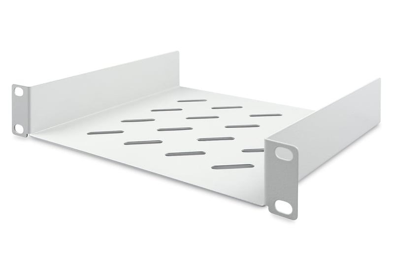 DIGITUS 1U polica pre 10" (254 mm) sieťovú skriňu, hĺbka 200 mm, perforovaný oceľový plech, šedá (RAL 7035), nosnosť 25 kg