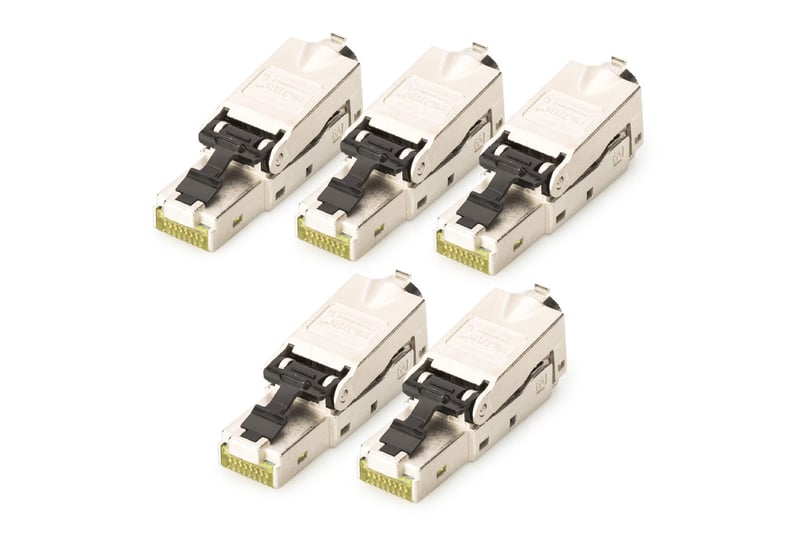 Conector de rețea DIGITUS DN-93631 Cat 6A, 5 bucăți - Mufă RJ45 ecranată la 360° pentru asamblare pe teren - Instalare fără unelte - 500 MHz - 10 Gbit/s